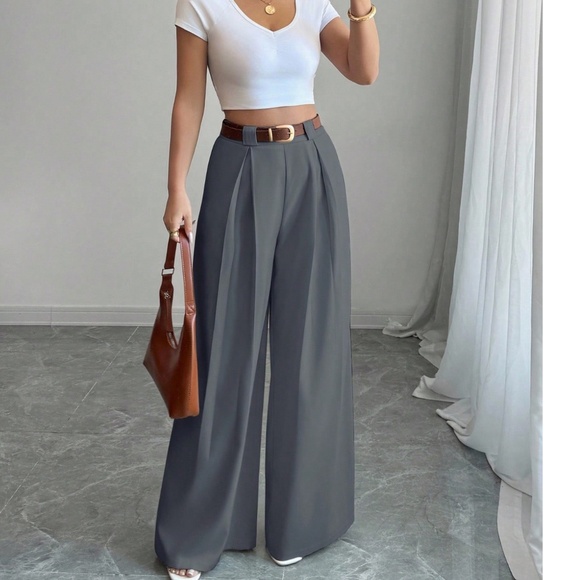 Classic Solid Stretchy Waist Pleated Pockets Wide leg Trouser Pants - Picture 2 of 12